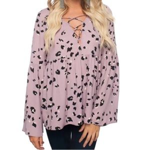 Buddy Love Kathy Lazy Lion Blouse Lace Up Tunic Cheetah Print Lilac Spring Small